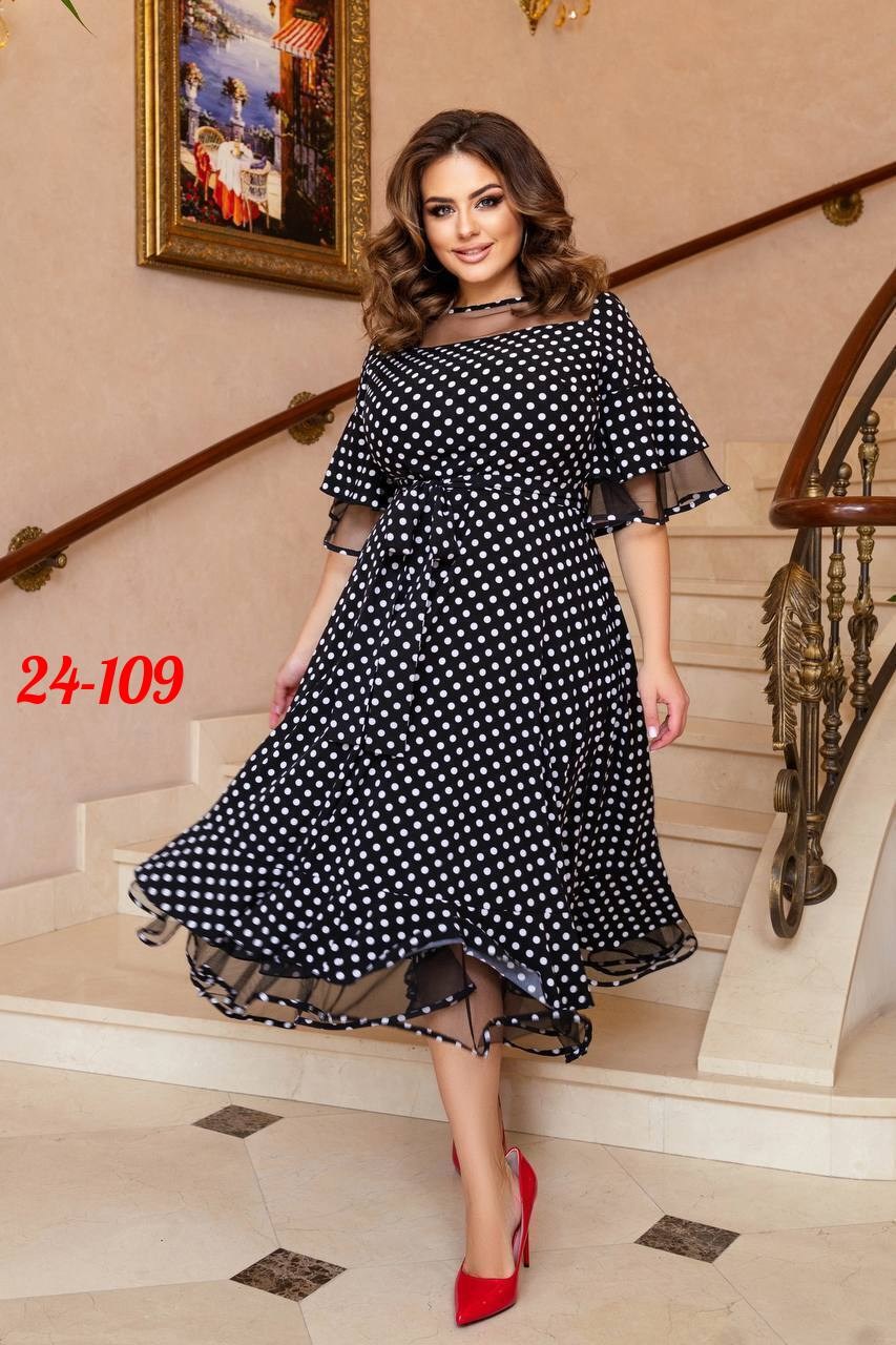 платья женские больших размеров,платья в горошек,платье в горошек 2026,платье нарядное,платье миди нарядное