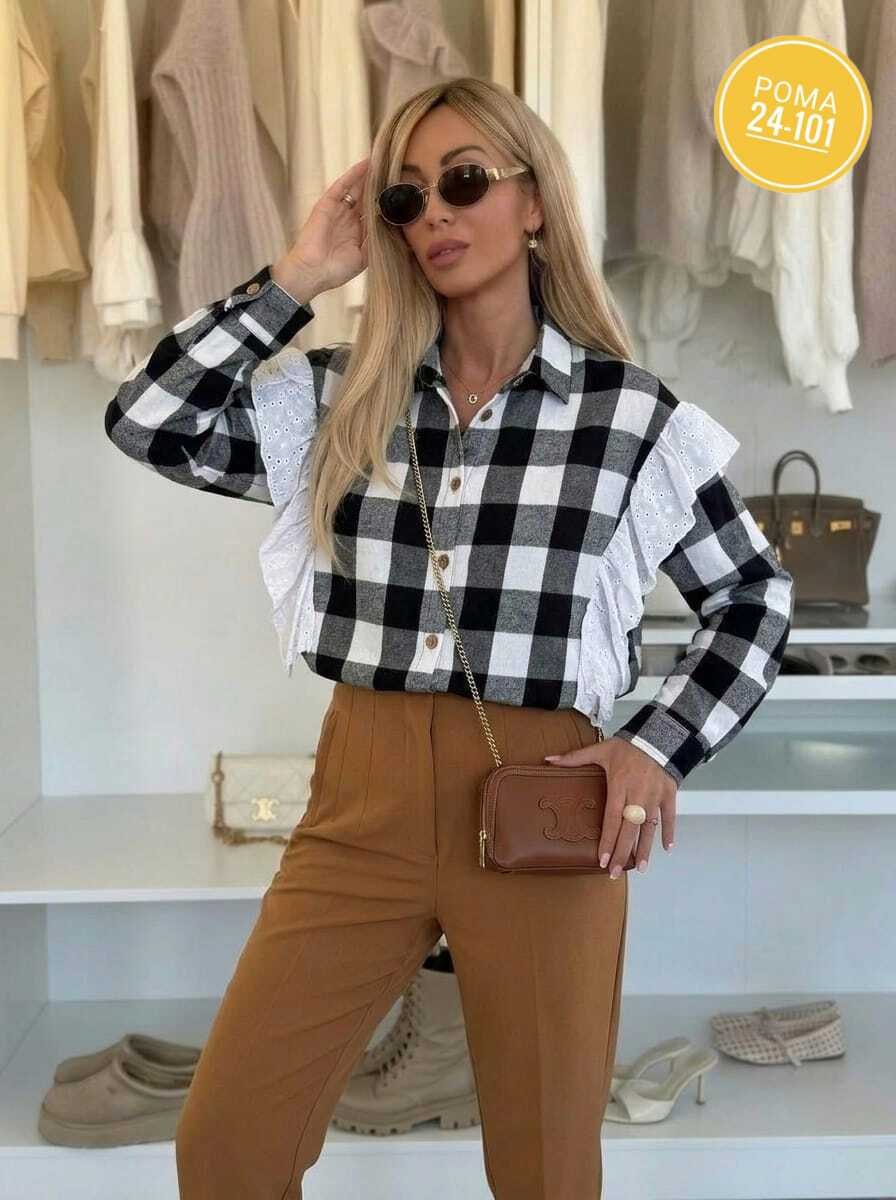 женская рубашка,женская рубашка в клетку,рубашка женская в клетку оверсайз,рубашка стильная,рубашка в клетку оверсайз со стразами perferita