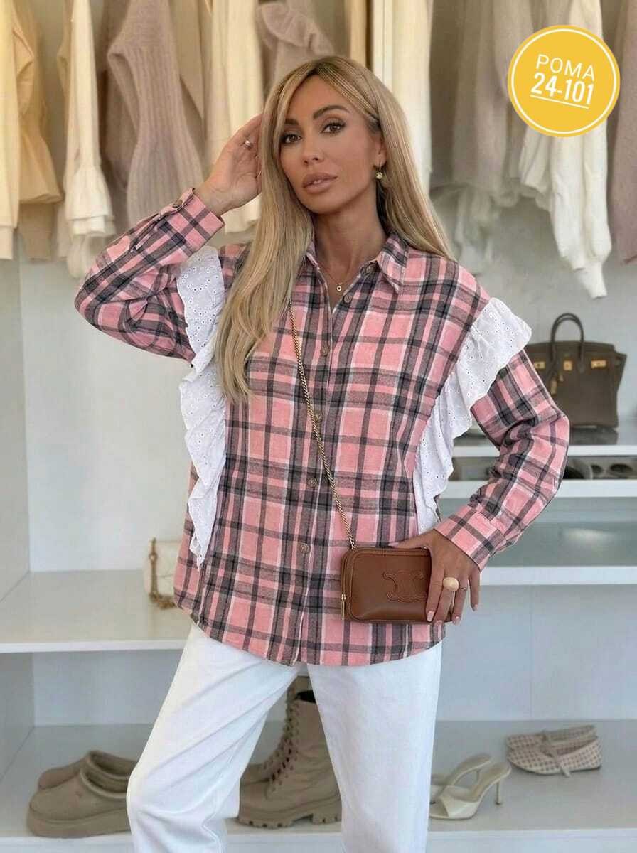 женская рубашка,женская рубашка в клетку,рубашка женская в клетку оверсайз,рубашка стильная,рубашка в клетку оверсайз со стразами perferita