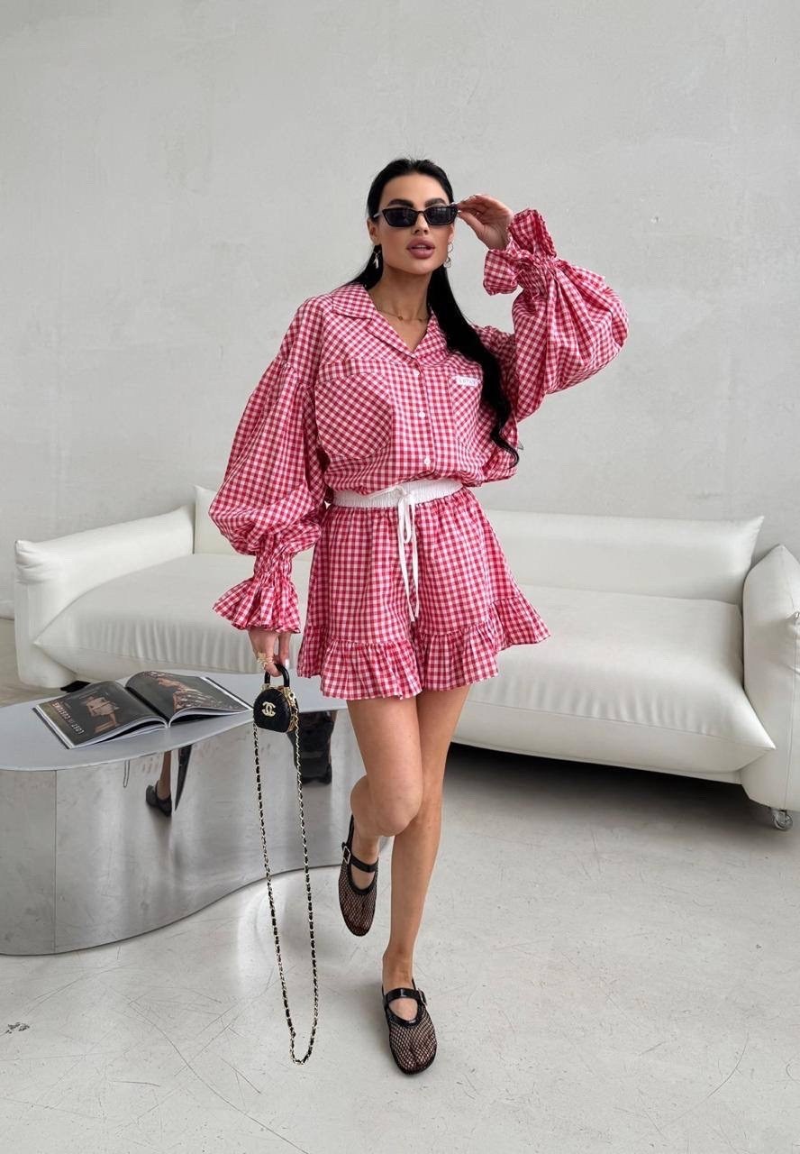 костюм женский в клетку,женский клетчатый комплект из 2 предметов с шортами,костюм с рубашкой,летние костюмы,летний костюм с шортами и рубашкой