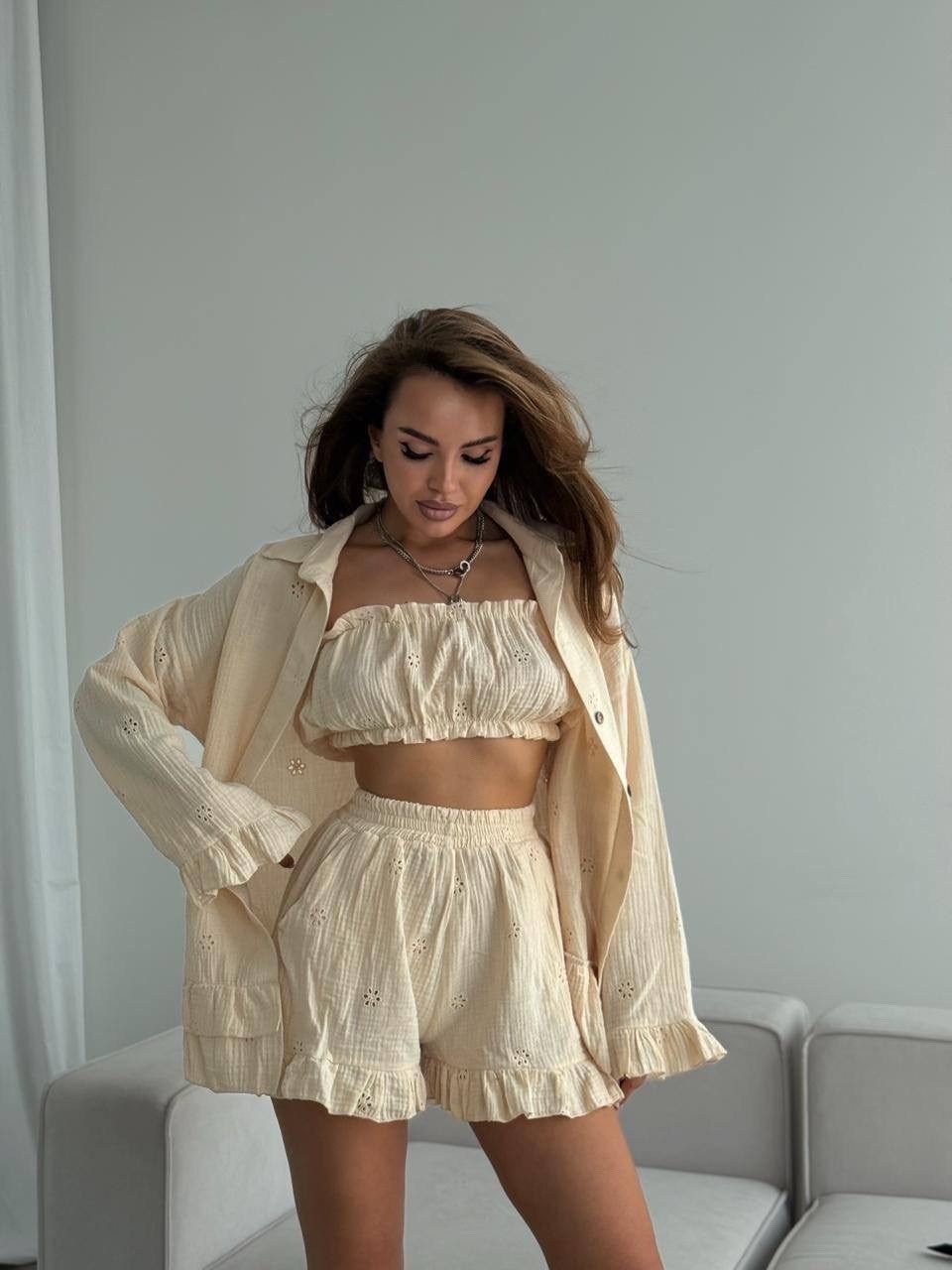 костюм с юбкой,костюм с рубашкой,муслиновые костюмы,костюм женский летний с шортами и рубашкой