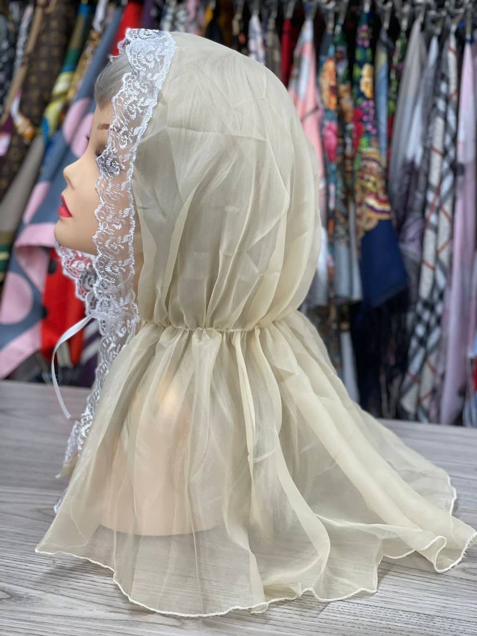 лиловый платок на голову,платок для храма женский,платок в церковь,церковный платок,платок ниспадающий