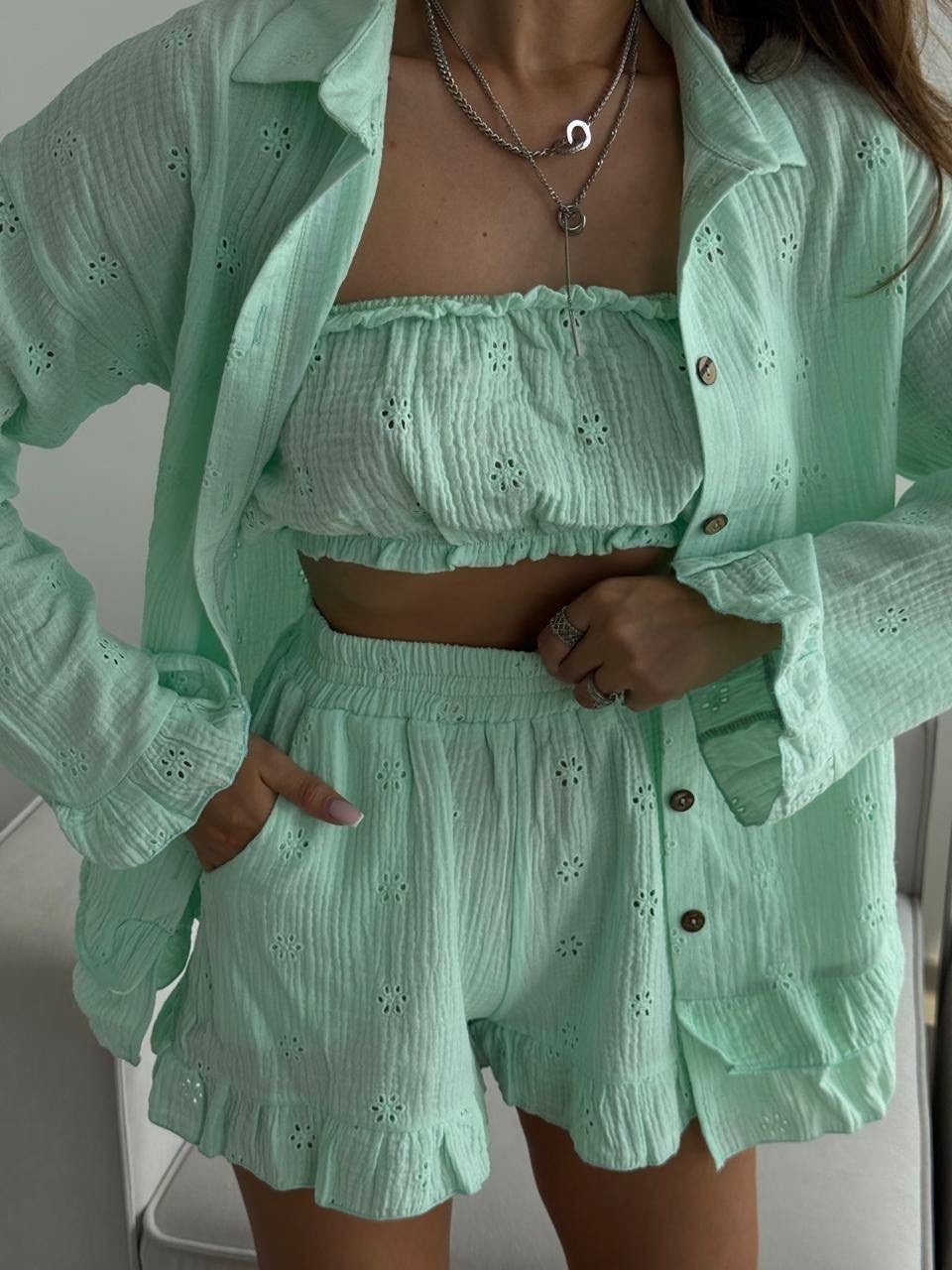 костюм с юбкой,костюм с рубашкой,муслиновые костюмы,костюм женский летний с шортами и рубашкой