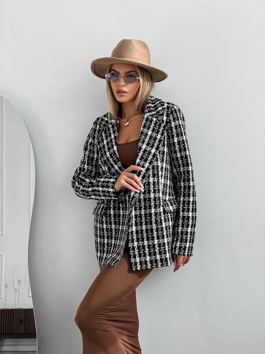 пиджак твидовый в клетку приталенный жакет provocanto,пиджак твидовый в клетку,твидовый жакет,твидовый пиджак,пиджак женский в клетку