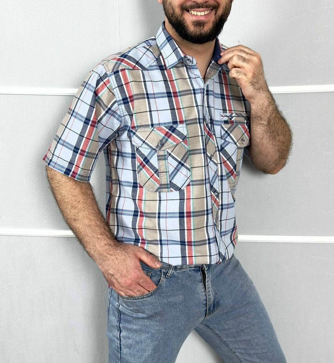 рубашка в клетку демисезонная h&t adam store,рубашка мужская,повседневная рубашка,рубашка мужская с коротким рукавом,рубашка с короткими рукавами в клетку