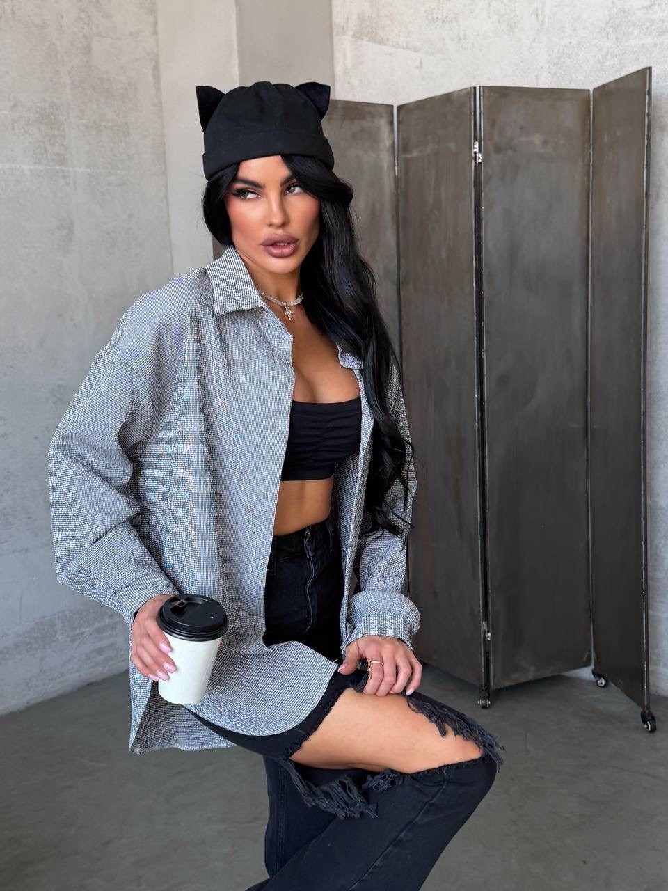 рубашка женская в клетку оверсайз,рубашка серая,женская рубашка,стильная рубашка,рубашка модная