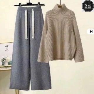 трикотажный костюм женский с брюками,женский комплект из большого свитера с высоким воротником и широких брюк,брюки с широкими штанинами,теплый вязаный костюм,женский костюм лапша