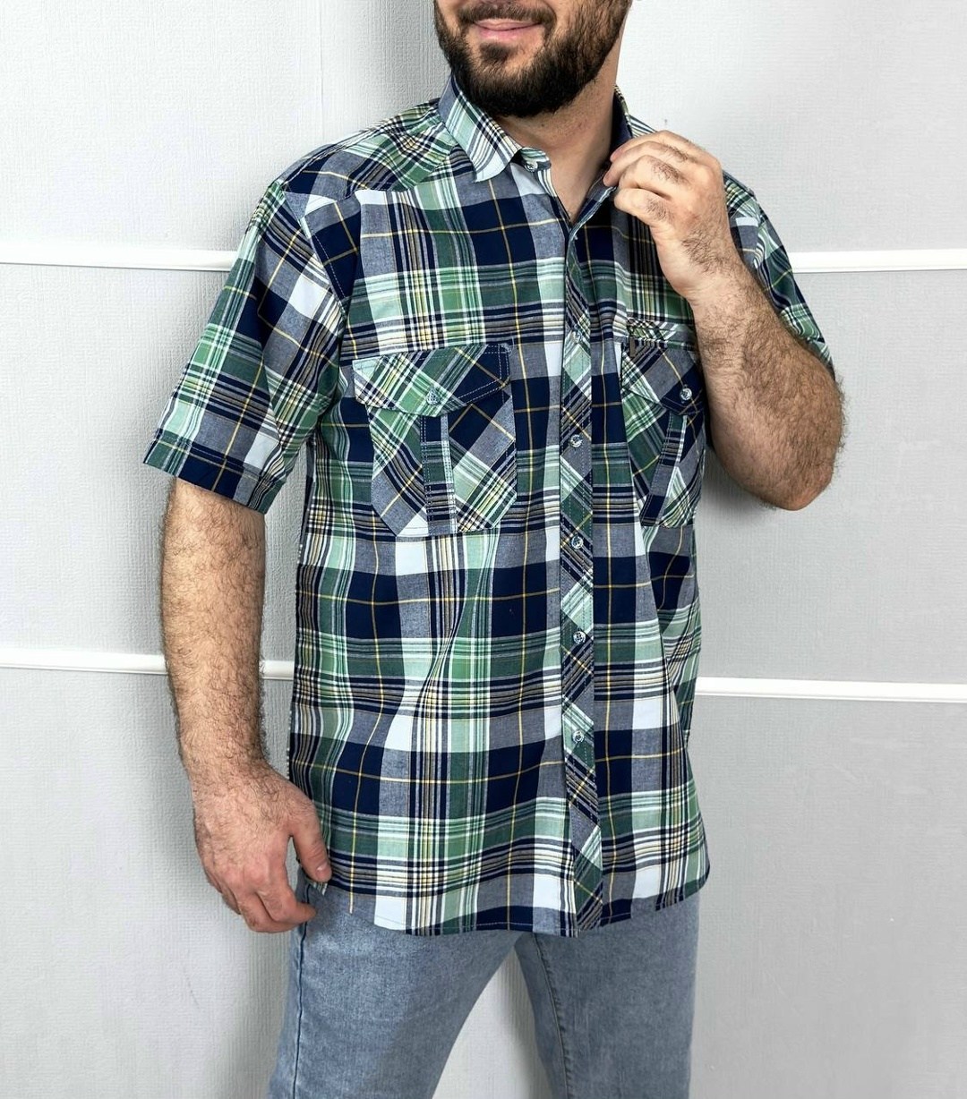 рубашка в клетку демисезонная h&t adam store,рубашка мужская,повседневная рубашка,рубашка мужская с коротким рукавом,рубашка с короткими рукавами в клетку