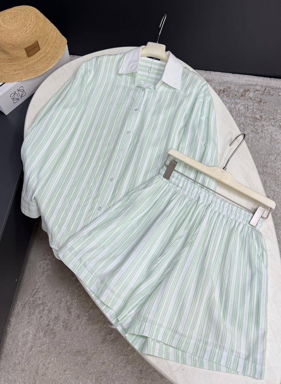 костюм летний с шортами и рубашкой оверсайз,костюм рубашка и шорты,летний костюм с шортами и рубашкой,modavera poplin striped shirt - shorts set - beige,костюм женский летний