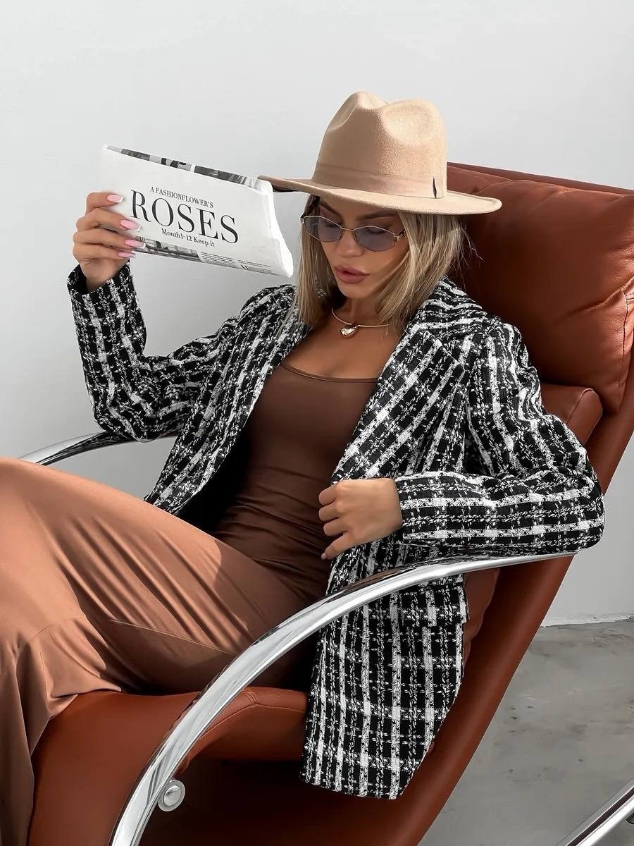 пиджак твидовый в клетку приталенный жакет provocanto,пиджак твидовый в клетку,твидовый жакет,твидовый пиджак,пиджак женский в клетку