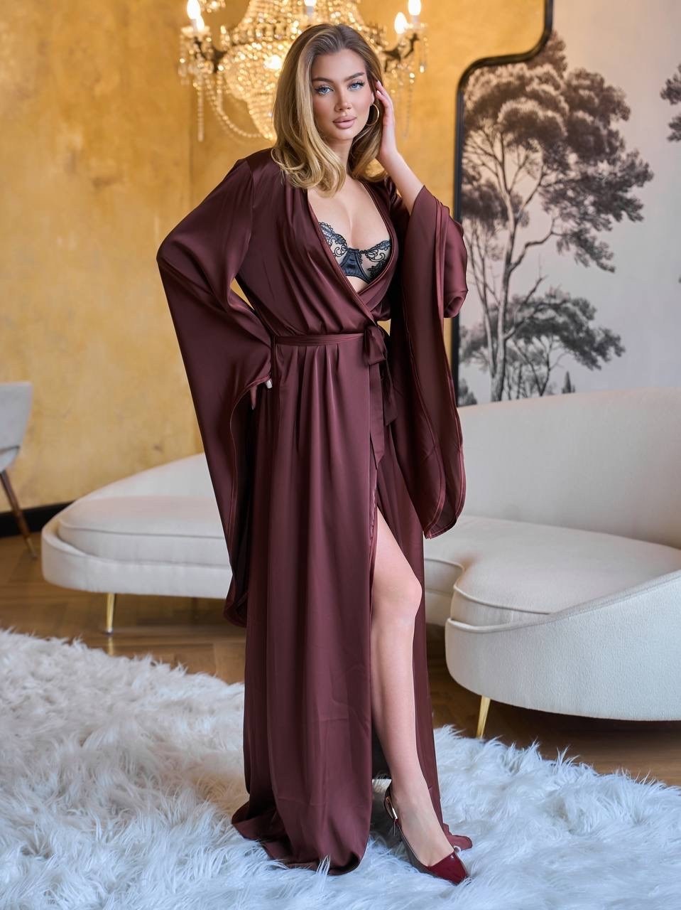 атласный халат,шелковый длинный халат,атласный халат shantal lingerie бордовый,женский шелковый халат,шелковый халат