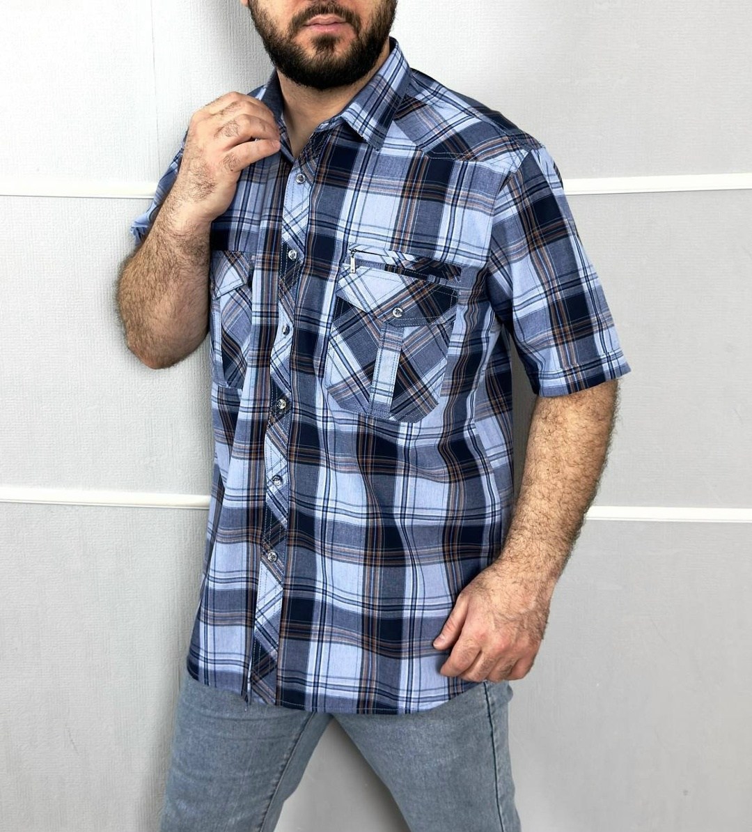 рубашка в клетку демисезонная h&t adam store,рубашка мужская,повседневная рубашка,рубашка мужская с коротким рукавом,рубашка с короткими рукавами в клетку