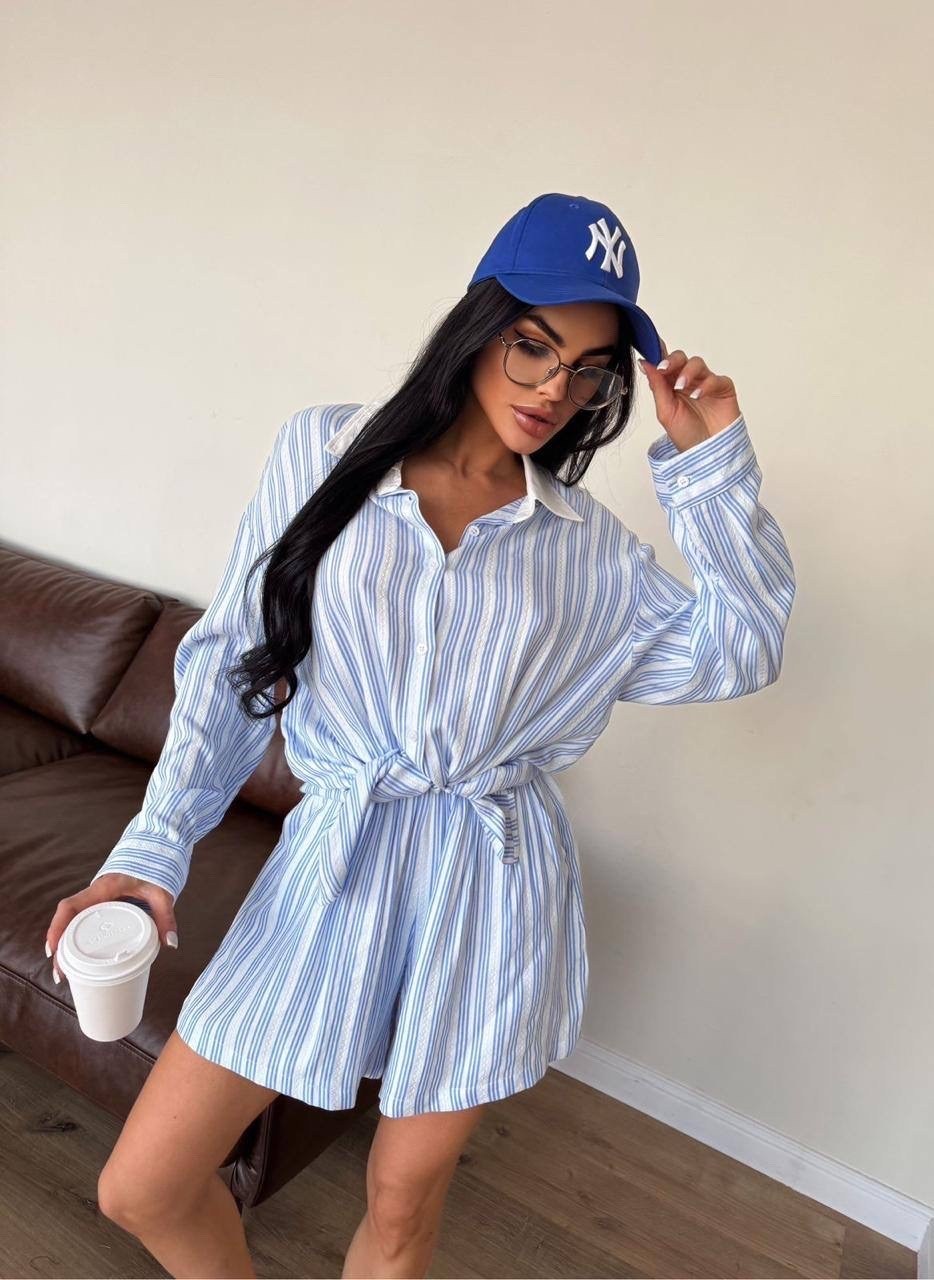 костюм летний с шортами рубашкой льняной в полоску из льна betrendy wear,костюм женский летний с шортами и рубашкой из льна,женские комбинезоны,костюм летний с шортами и рубашкой льняной,костюм в поло