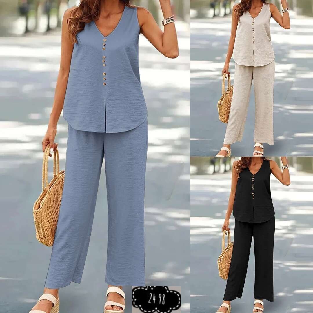 женский брючный костюм,женский повседневный однотонный жилет с v-образным вырезом и широкими брюками,костюм с жилетом и широкими брюками,брючный костюм летний женский,женский брючный костюм на пуговиц