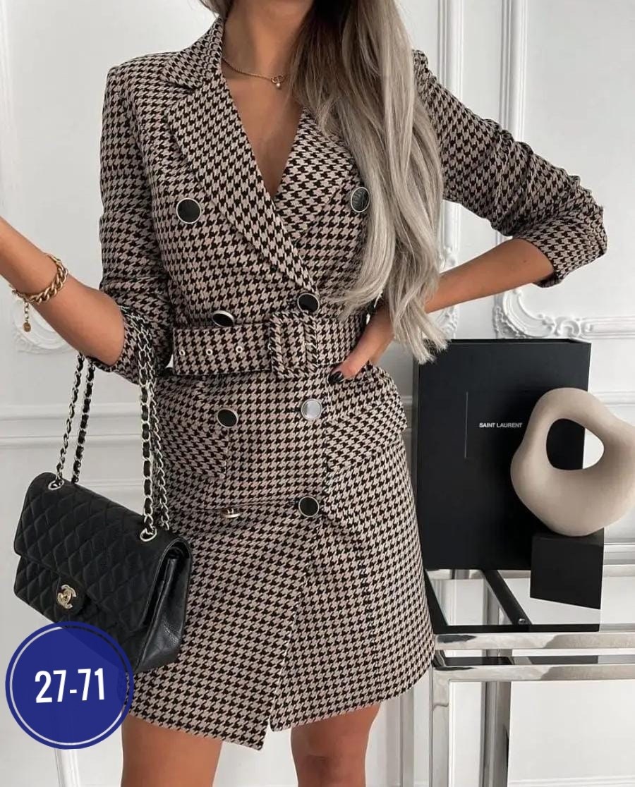 женский длинный пиджак в клетку,платье пиджак в клетку с поясом,платье-пиджак,платье пиджак в клетку,платье гусиная лапка