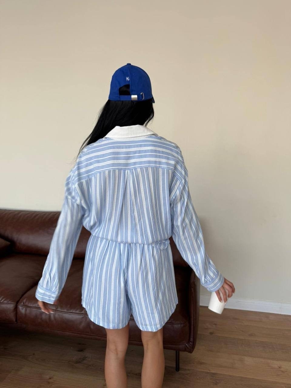 костюм летний с шортами рубашкой льняной в полоску из льна betrendy wear,костюм женский летний с шортами и рубашкой из льна,женские комбинезоны,костюм летний с шортами и рубашкой льняной,костюм в поло