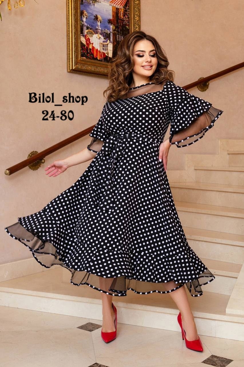 платье нарядное,платье миди,платья женские больших размеров,женское платье в горошек,платья большие размеры