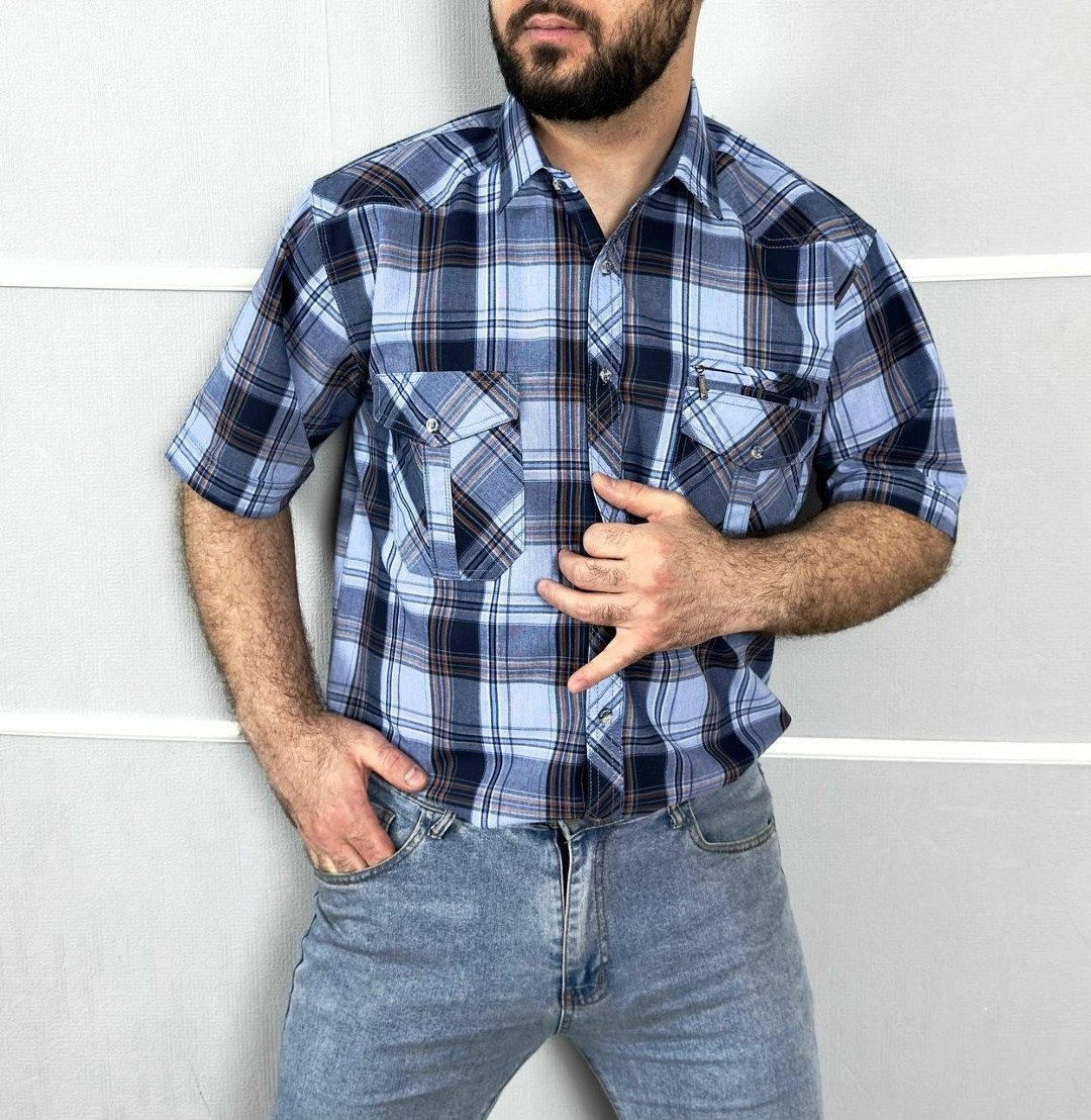 рубашка в клетку демисезонная h&t adam store,рубашка мужская,повседневная рубашка,рубашка мужская с коротким рукавом,рубашка с короткими рукавами в клетку