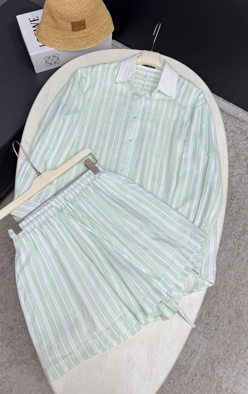 костюм летний с шортами и рубашкой оверсайз,костюм рубашка и шорты,летний костюм с шортами и рубашкой,modavera poplin striped shirt - shorts set - beige,костюм женский летний