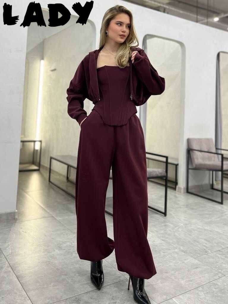 женский костюм,трикотажные костюмы,костюм марсала,широкие брюки,костюм тройка с брюками