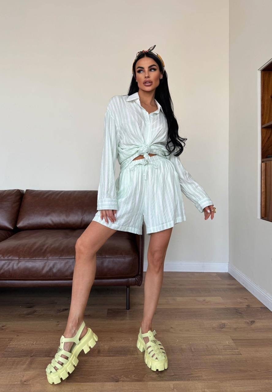 костюм летний с шортами и рубашкой оверсайз,костюм рубашка и шорты,летний костюм с шортами и рубашкой,modavera poplin striped shirt - shorts set - beige,костюм женский летний