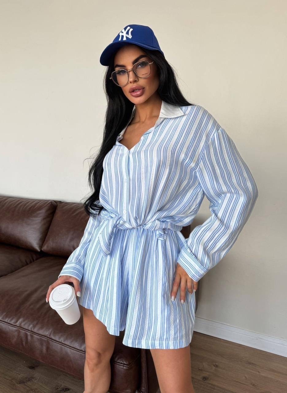 костюм летний с шортами рубашкой льняной в полоску из льна betrendy wear,костюм женский летний с шортами и рубашкой из льна,женские комбинезоны,костюм летний с шортами и рубашкой льняной,костюм в поло