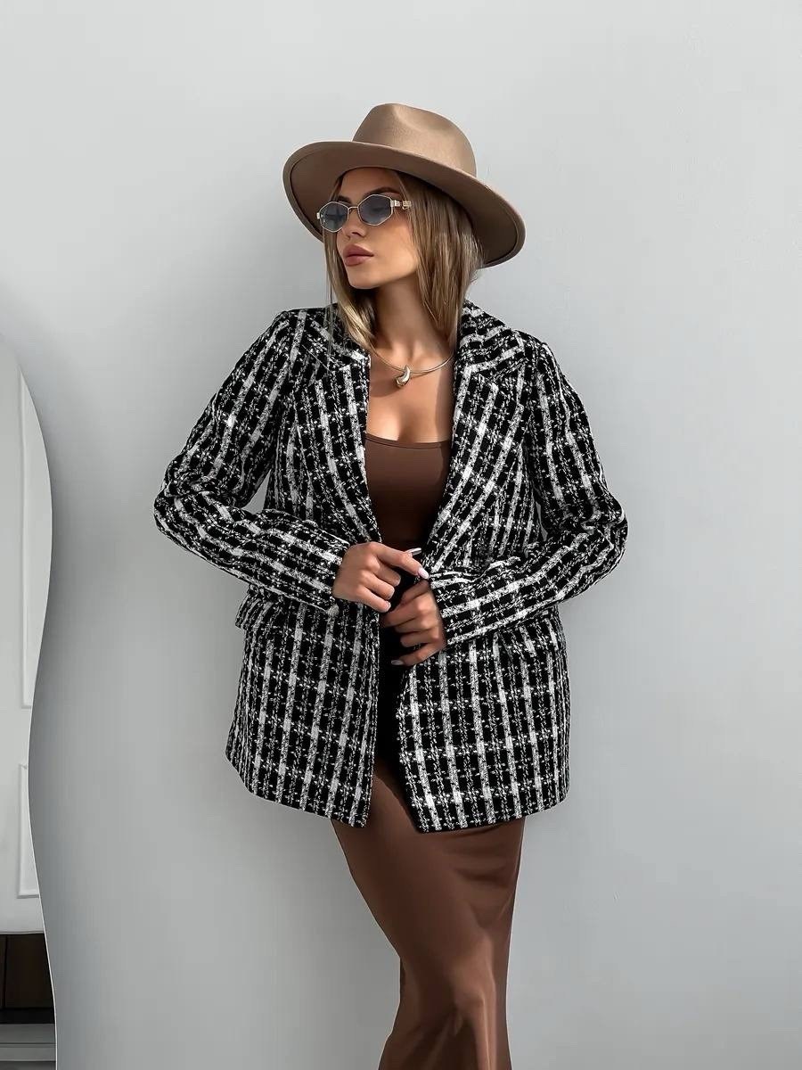 пиджак твидовый в клетку приталенный жакет provocanto,пиджак твидовый в клетку,твидовый жакет,твидовый пиджак,пиджак женский в клетку