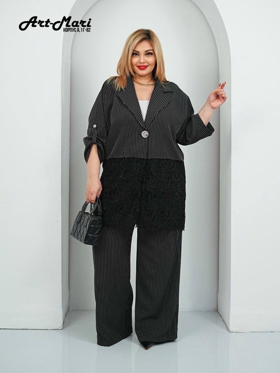 брючный костюм michel chic 1386/1 черный,костюм брючный больших размеров в полоску,брючный костюм женский больших размеров final style,брючный костюм женский,брючный комплект