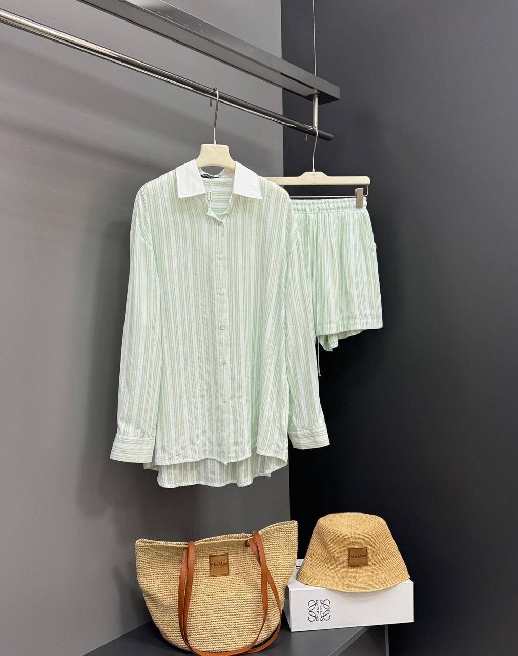 костюм летний с шортами и рубашкой оверсайз,костюм рубашка и шорты,летний костюм с шортами и рубашкой,modavera poplin striped shirt - shorts set - beige,костюм женский летний