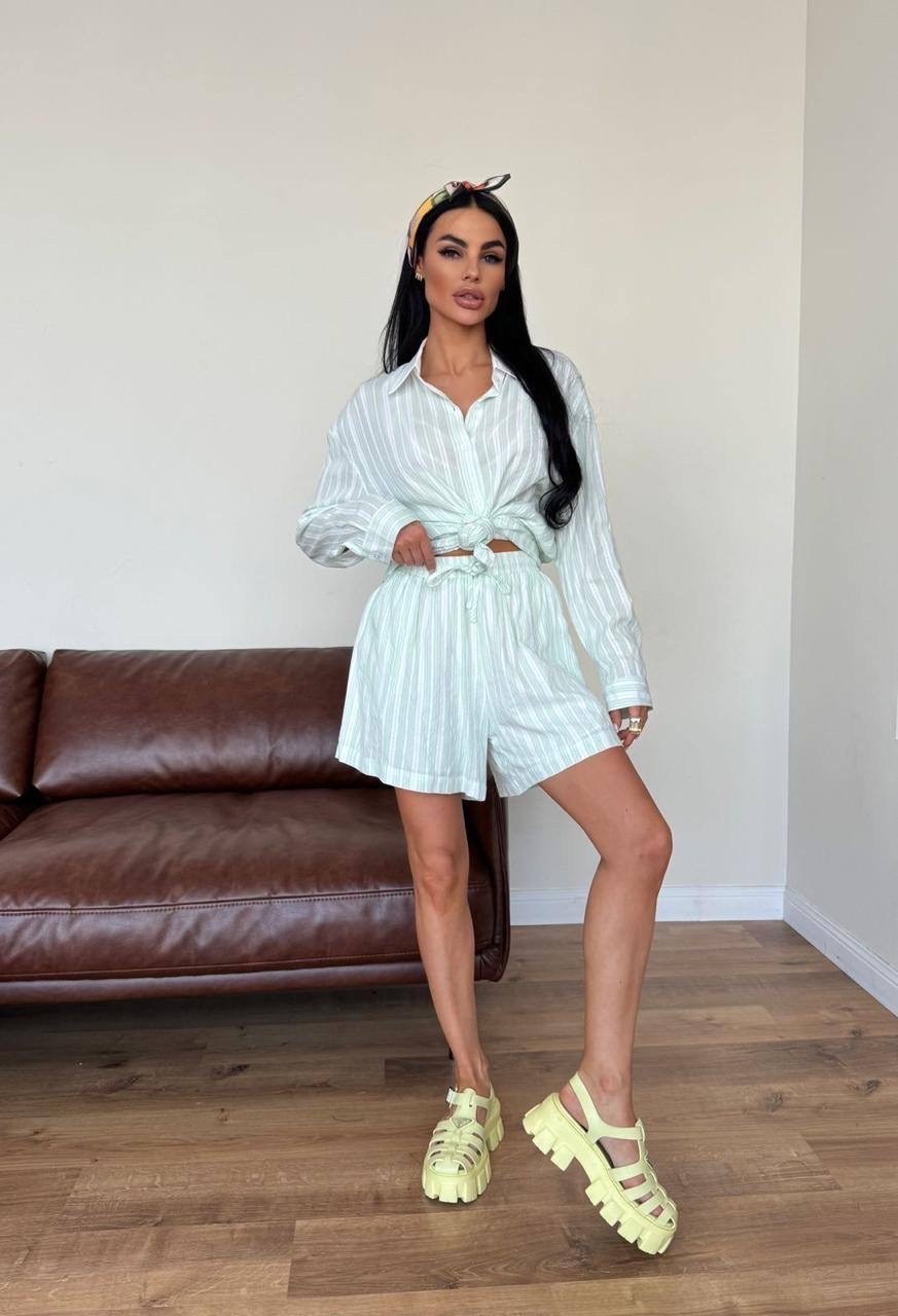 костюм летний с шортами и рубашкой оверсайз,костюм рубашка и шорты,летний костюм с шортами и рубашкой,modavera poplin striped shirt - shorts set - beige,костюм женский летний