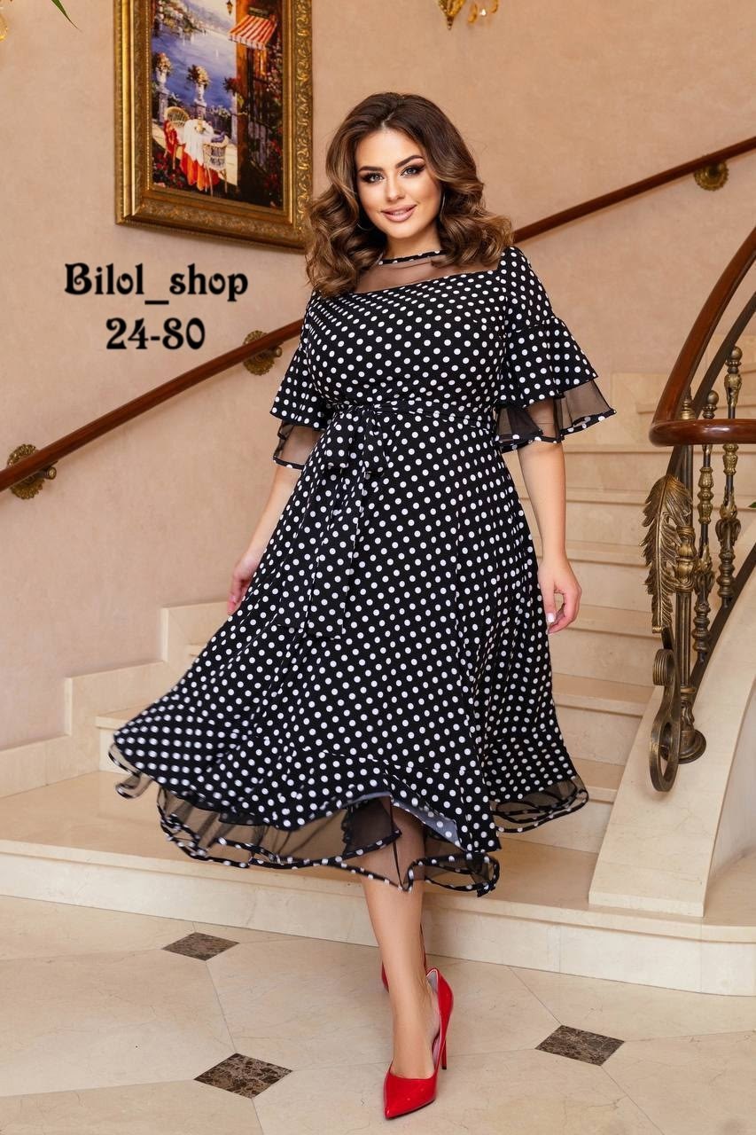 платье нарядное,платье миди,платья женские больших размеров,женское платье в горошек,платья большие размеры