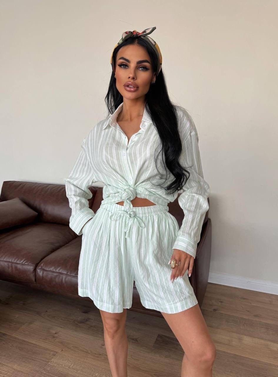 костюм летний с шортами и рубашкой оверсайз,костюм рубашка и шорты,летний костюм с шортами и рубашкой,modavera poplin striped shirt - shorts set - beige,костюм женский летний
