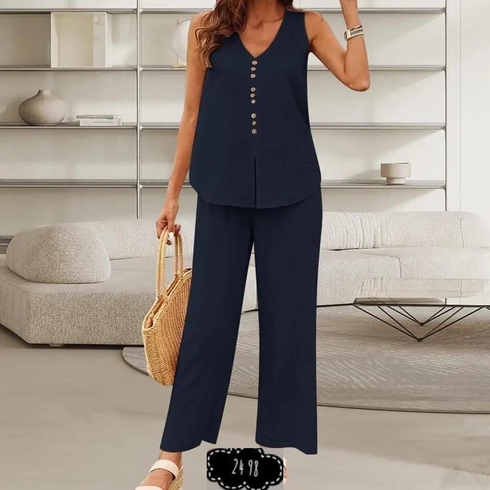 женский брючный костюм,женский повседневный однотонный жилет с v-образным вырезом и широкими брюками,костюм с жилетом и широкими брюками,брючный костюм летний женский,женский брючный костюм на пуговиц