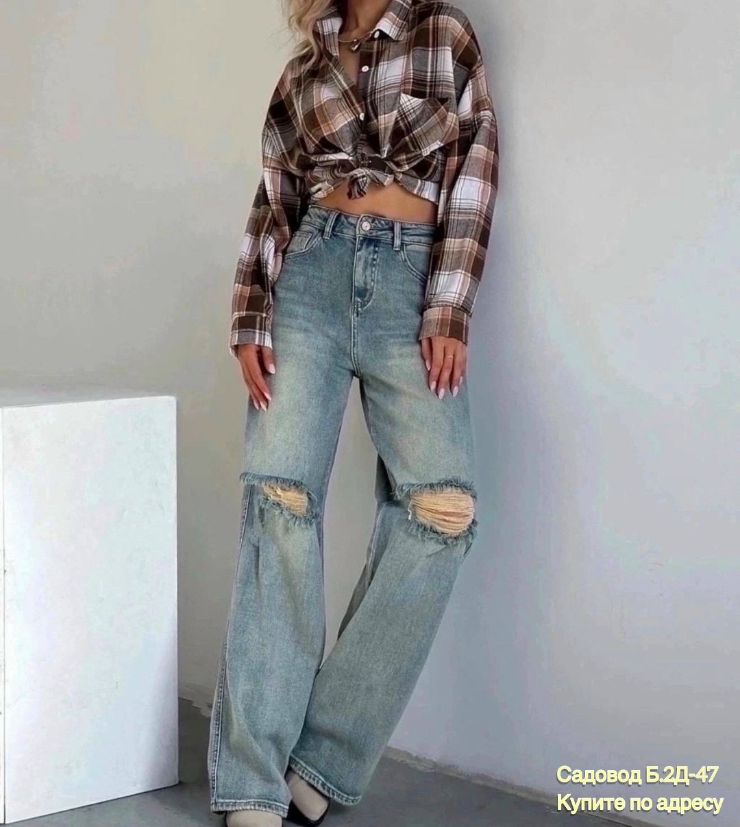 рваные джинсы трубы женские,джинсы трубы с модными рваными коленями и высокой,джинсы клёш писк моды арт.3913727,джинсы хлопок,джинсы багги