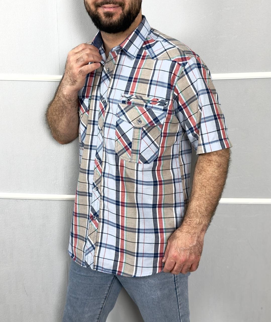 рубашка в клетку демисезонная h&t adam store,рубашка мужская,повседневная рубашка,рубашка мужская с коротким рукавом,рубашка с короткими рукавами в клетку