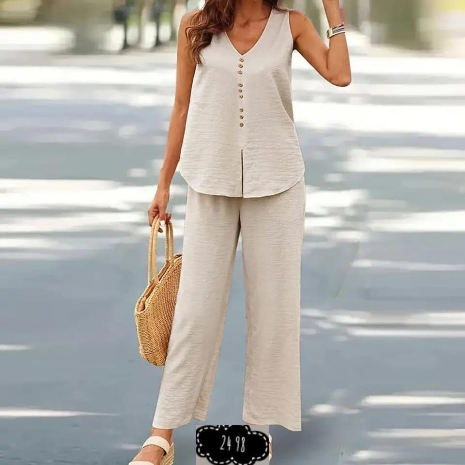 женский брючный костюм,женский повседневный однотонный жилет с v-образным вырезом и широкими брюками,костюм с жилетом и широкими брюками,брючный костюм летний женский,женский брючный костюм на пуговиц