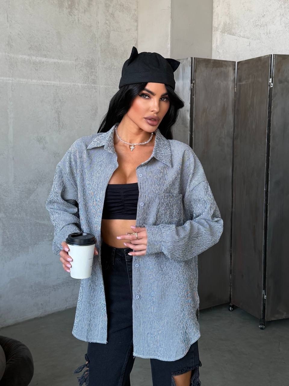 рубашка женская в клетку оверсайз,рубашка серая,женская рубашка,стильная рубашка,рубашка модная