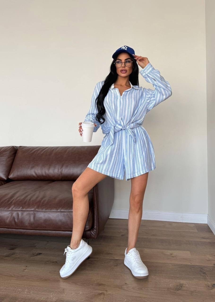 костюм летний с шортами рубашкой льняной в полоску из льна betrendy wear,костюм женский летний с шортами и рубашкой из льна,женские комбинезоны,костюм летний с шортами и рубашкой льняной,костюм в поло
