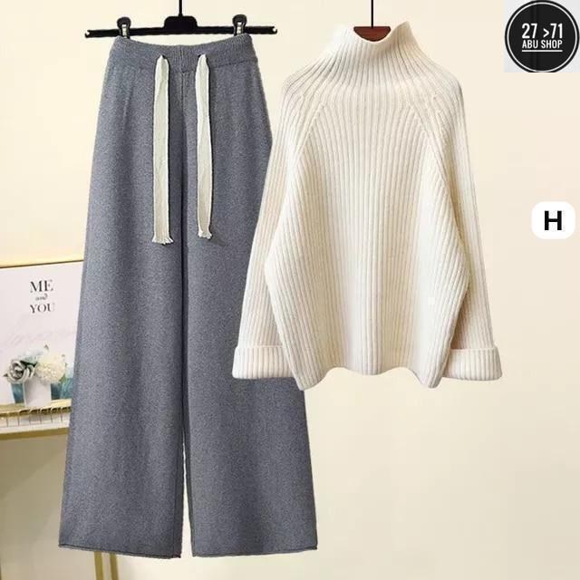трикотажный костюм женский с брюками,женский комплект из большого свитера с высоким воротником и широких брюк,брюки с широкими штанинами,теплый вязаный костюм,женский костюм лапша