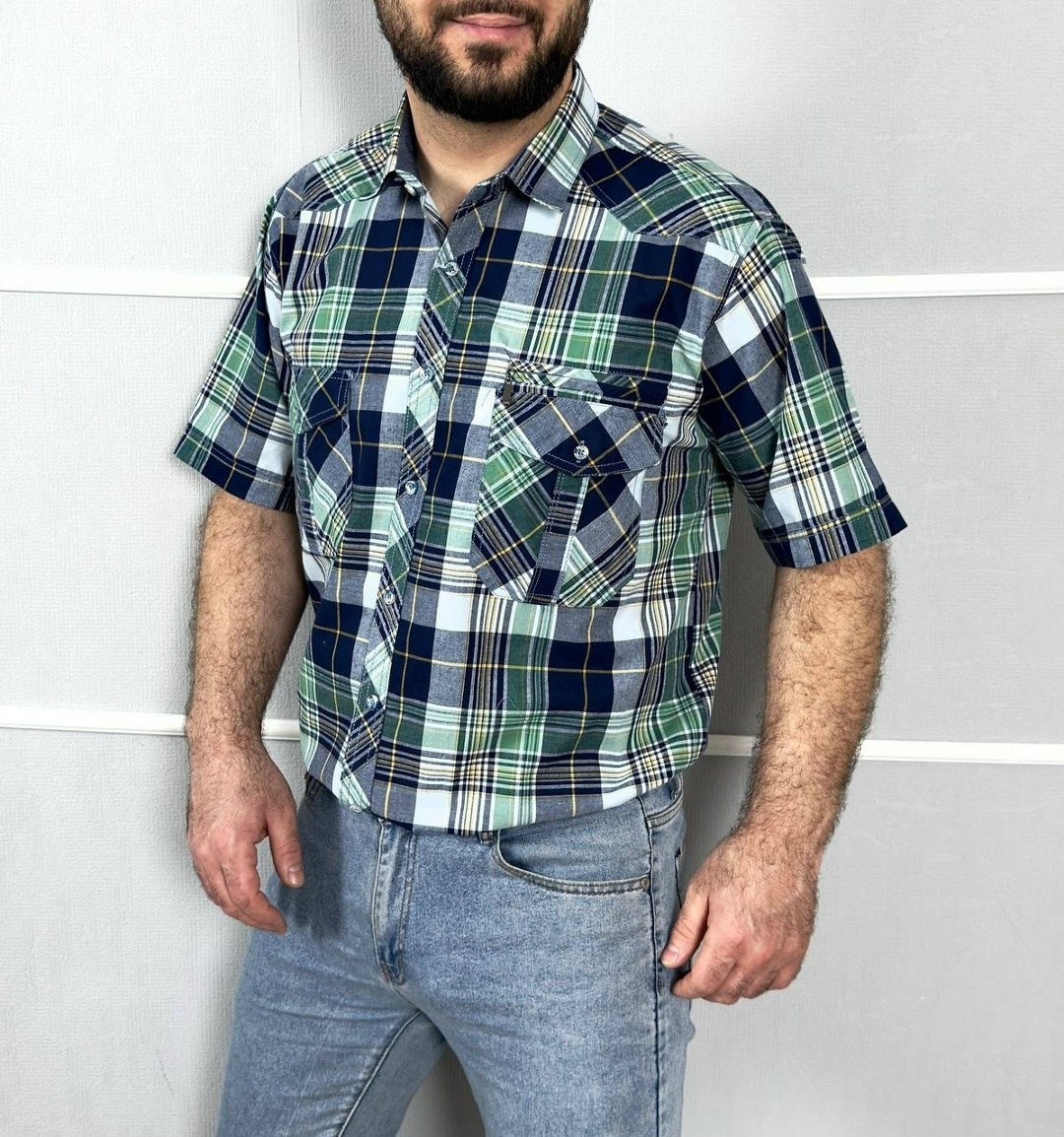 рубашка в клетку демисезонная h&t adam store,рубашка мужская,повседневная рубашка,рубашка мужская с коротким рукавом,рубашка с короткими рукавами в клетку