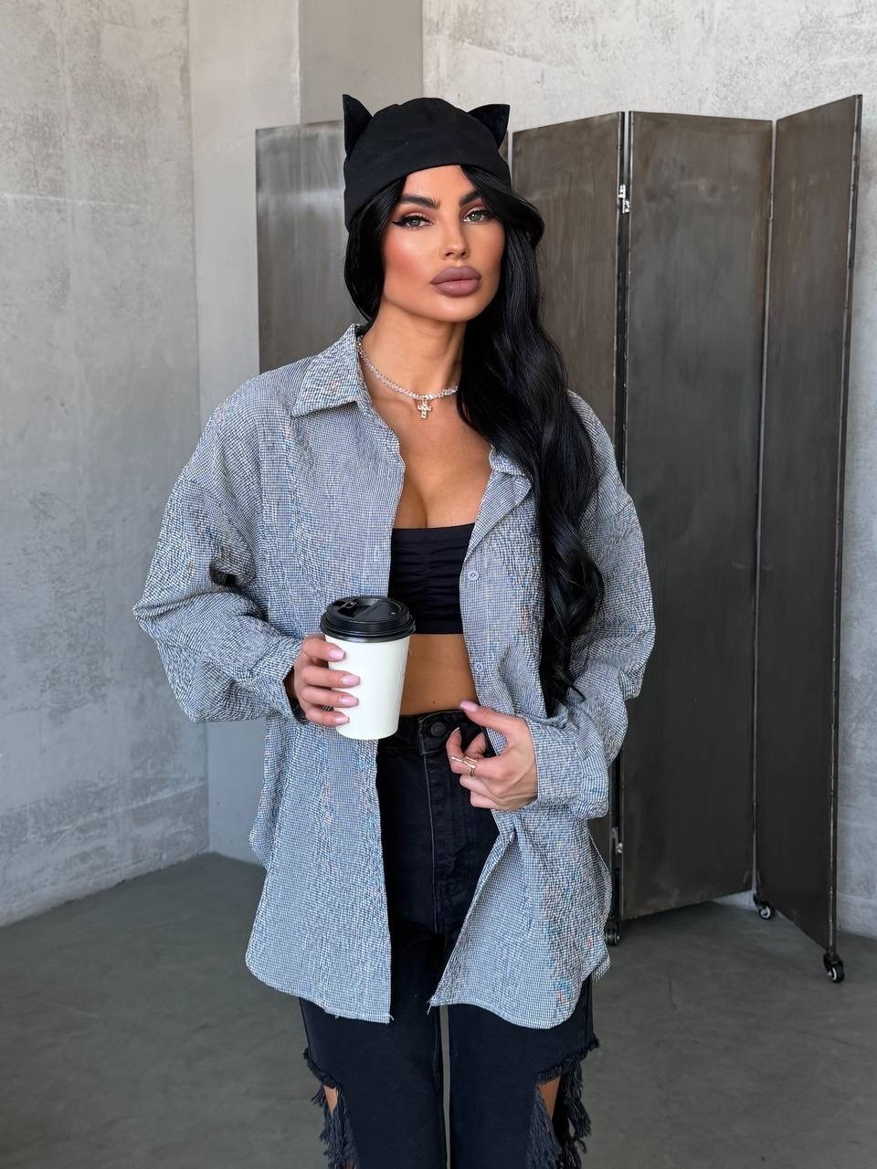 рубашка женская в клетку оверсайз,рубашка серая,женская рубашка,стильная рубашка,рубашка модная