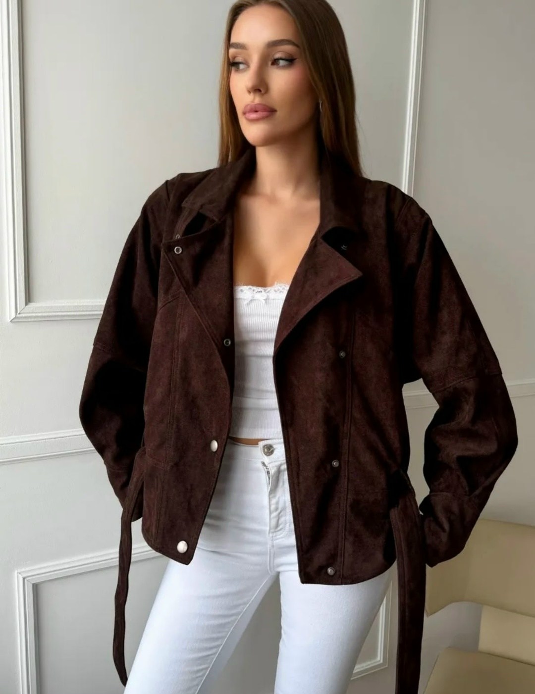 замшевая куртка,куртка замшевая женская,куртка из замши,куртка косуха замшевая коричневая с поясом tadari,кожаная куртка