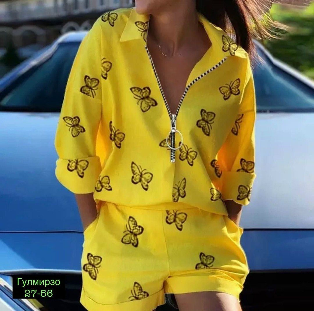 летний женский костюм,женская модная рубашка,стильная рубашка,женский костюм с шортами,костюм с принтом