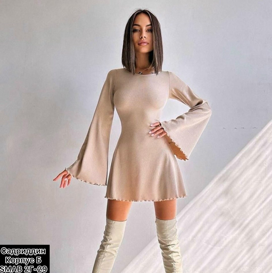 бежевое платье женское мини,женское трикотажное платье-трапеция cm.yaya,платье лапша,платье женское,трикотажное платье мини