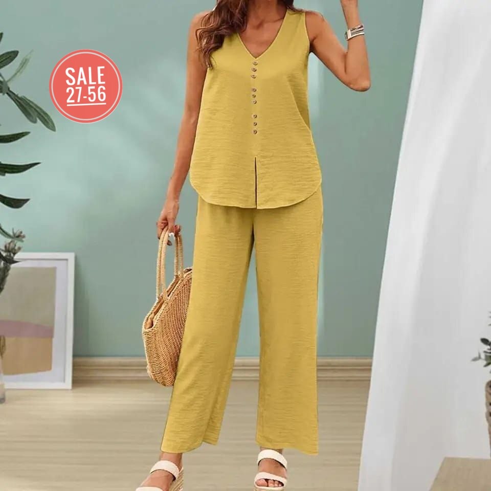 женский повседневный однотонный жилет с v-образным вырезом и широкими брюками,женский брючный костюм,костюм брючный повседневный,женский костюм,брючный костюм летний женский