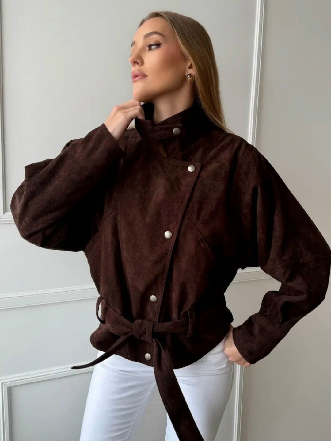 замшевая куртка,куртка замшевая женская,куртка из замши,куртка косуха замшевая коричневая с поясом tadari,кожаная куртка