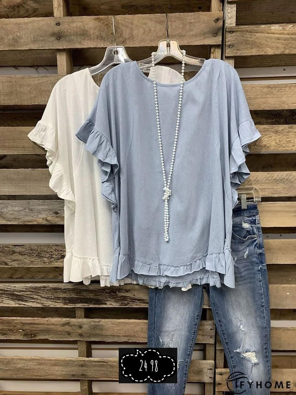 блузка свободного кроя,блузка zanzea женская с оборками,блузка с оборками,блузка женская,женская повседневная однотонная свободная блузка с круглым вырезом и рюшами с короткими рукавами