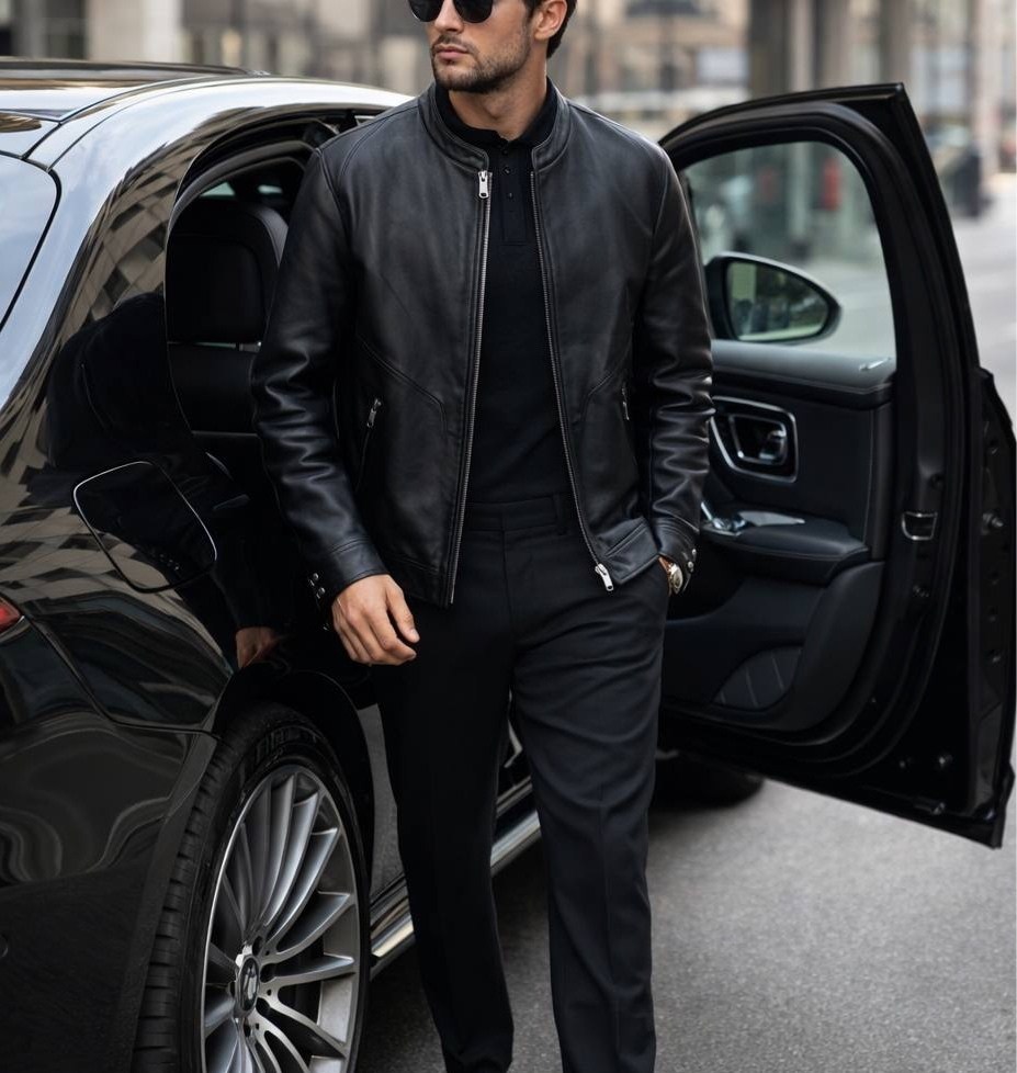 мужская кожаная куртка,кожаная куртка,мужская кожаная куртка с классическими черными брюками,men's racer jacket in black leather,мужской стиль