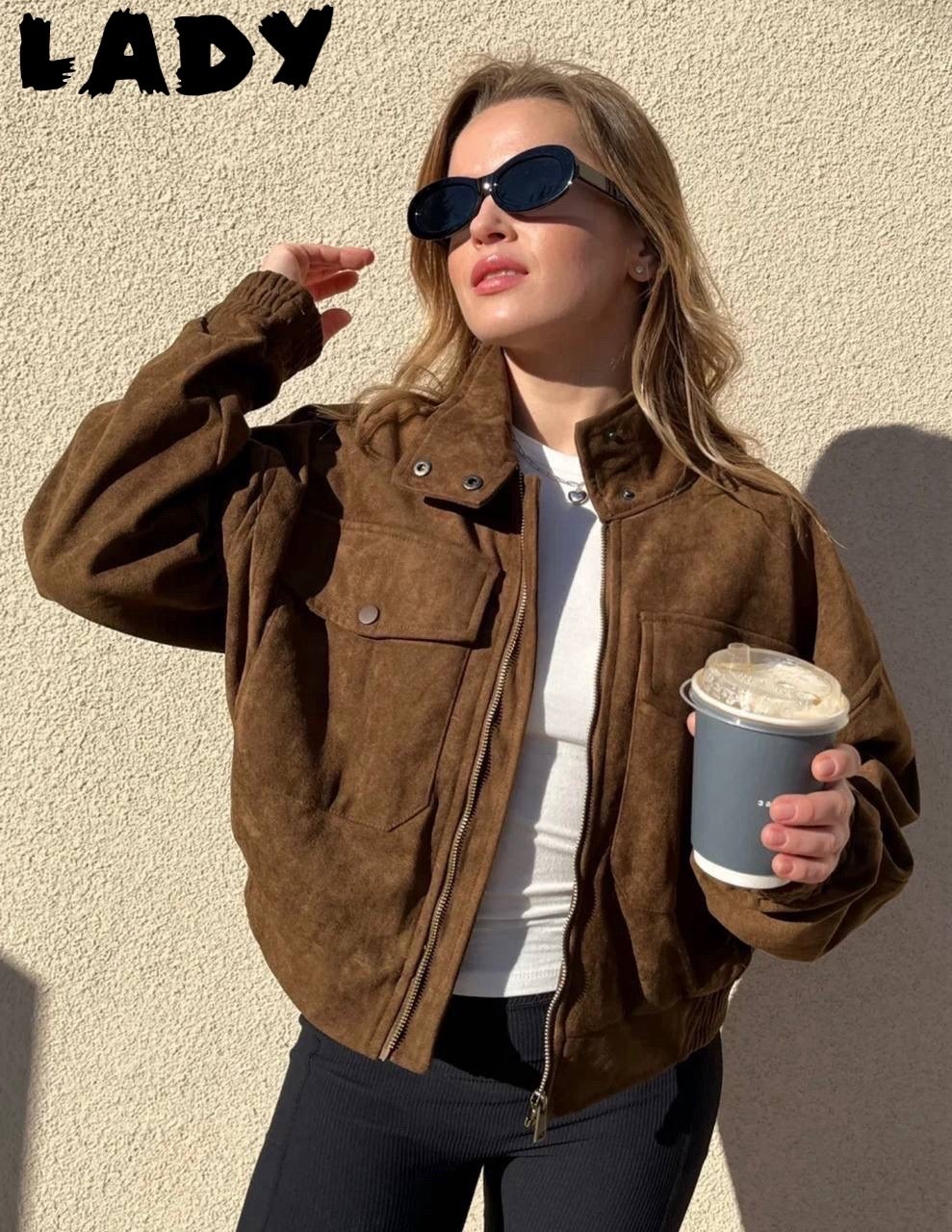 женская куртка бомбер из эко замши коричневого цвета,бомбер укороченный оверсайз замшевый куртка рабочего тренд saint shine,бомбер женская куртка,куртка замшевая,кожаная куртка женская