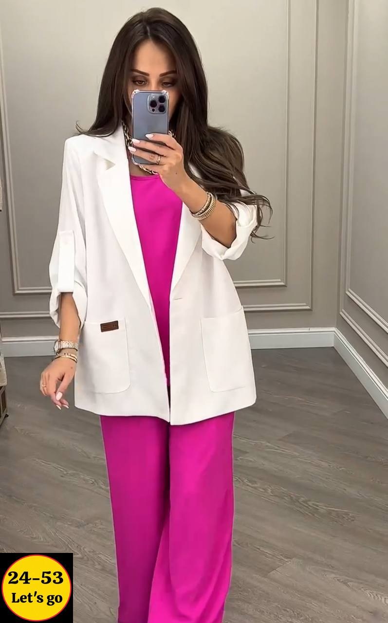брючный костюм anelli 1398 фуксия,женский брючный костюм двойка,костюм из текстиля с приталенными брюками и жакетом anelli 1398 фуксия,брючные костюмы женские,костюм с брюками нарядный